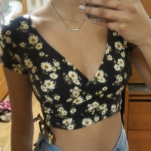 Low Cut Cross Front Black Floral Crop Top
